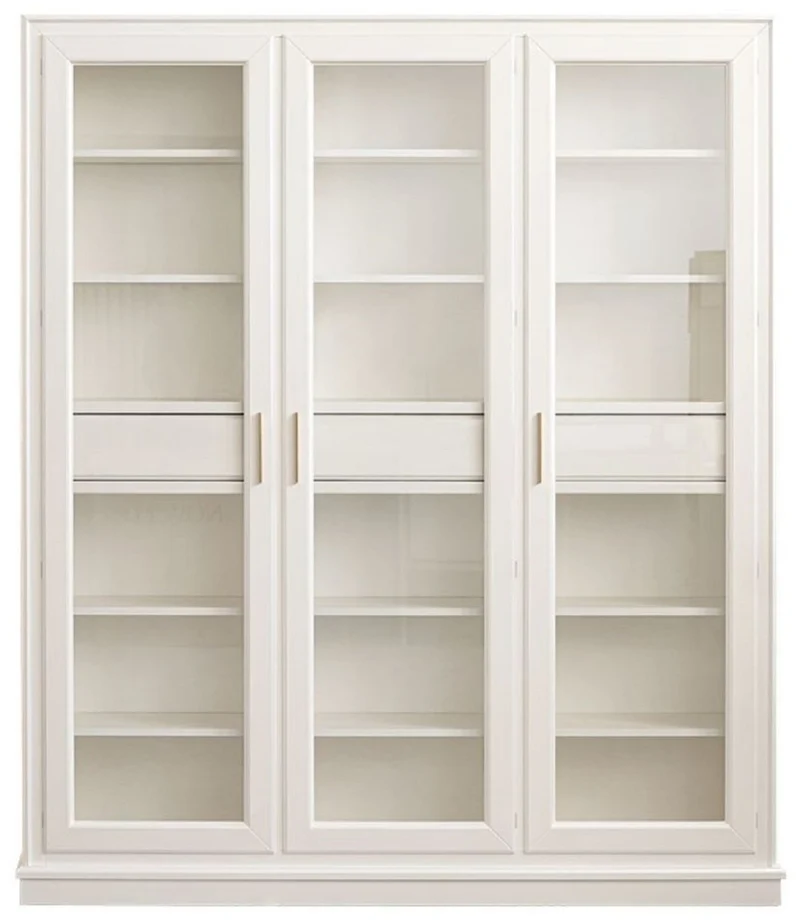 Casa Padrino Luxus Bücherschrank mit 3 Türen und LED Beleuchtung Weiß 200 x 45 x H. 230 cm - Massivholz Schrank - Wohnzimmerschrank - Regalschrank - Büroschrank - Luxus Möbel - Luxus Einrichtung