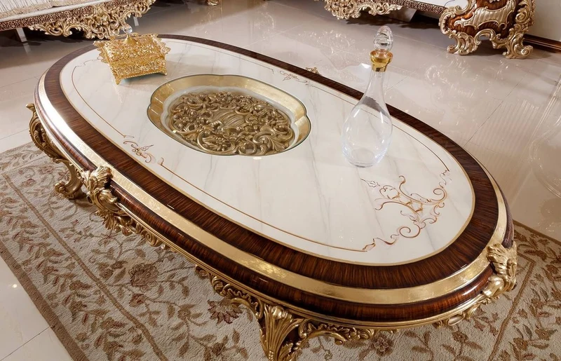 Casa Padrino Luxus Barock Couchtisch Weiß / Braun / Gold - Prunkvoller Wohnzimmertisch mit Glasplatte - Barock Wohnzimmer Möbel - Edel & Prunkvoll