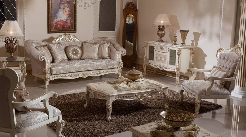 Casa Padrino Luxus Barock Sofa Grau / Silber / Weiß / Gold - Handgefertigtes Barockstil Wohnzimmer Sofa mit elegantem Muster - Prunkvolle Barock Wohnzimmer Möbel