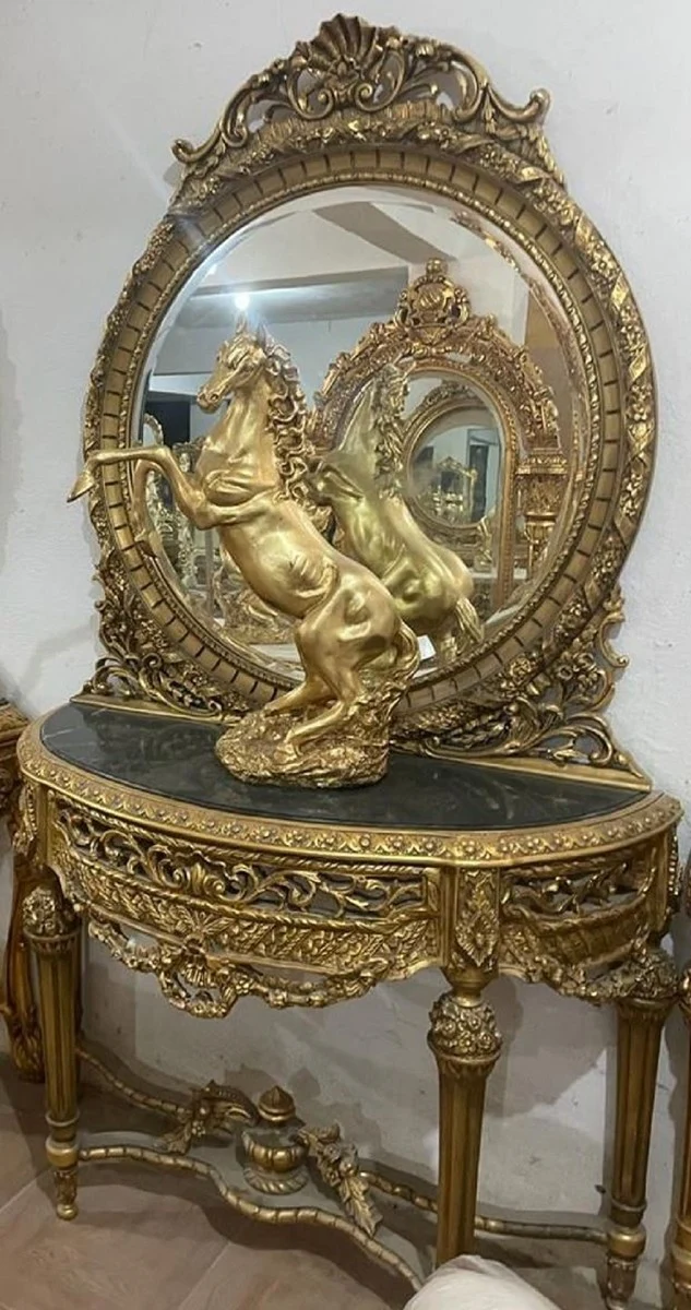 Casa Padrino Barock Spiegelkonsole mit Marmorplatte Gold / Schwarz - Prunkvolle Barock Konsole mit Spiegel - Handgefertigte Barock Möbel