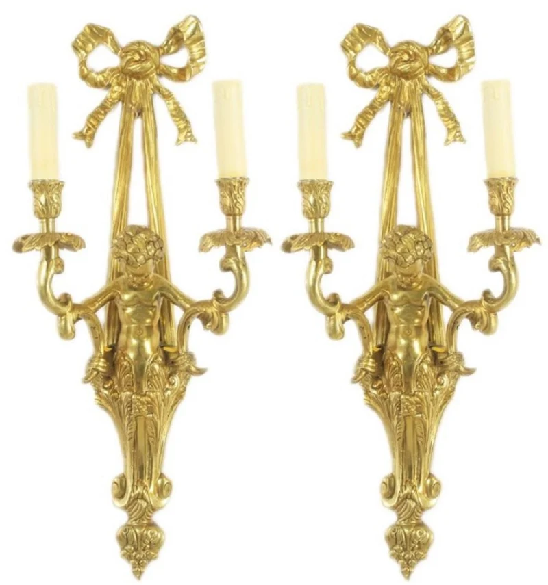 Casa Padrino Barock Wandleuchten Set Gold / Weiß 25 x 15 x H. 55 cm - Prunkvolle Barock Hotel & Restaurant Wandlampen - Barock Leuchten