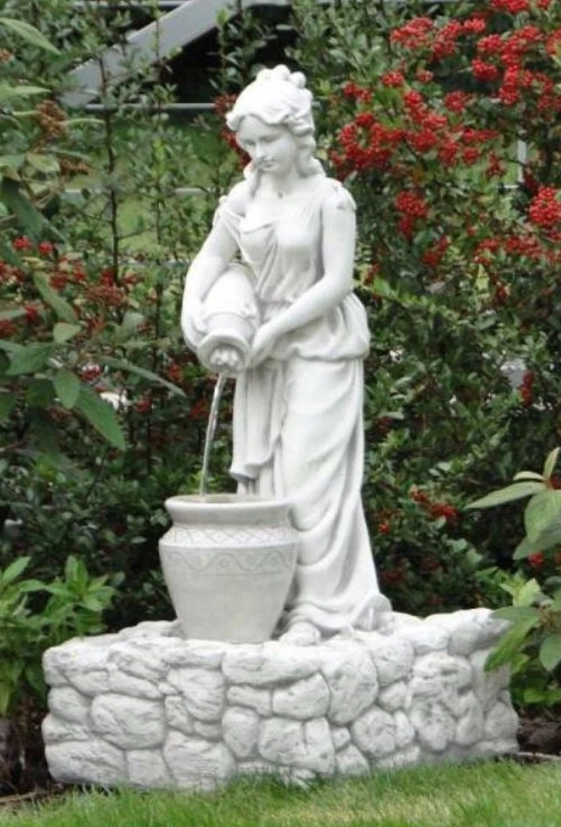 Casa Padrino Jugendstil Wasserspeier Skulptur Frau mit Krügen Grau 45 x 51 x H. 98 cm - Elegante Wasserspeier Stein Figur - Barock & Jugendstil Garten Deko Accessoires