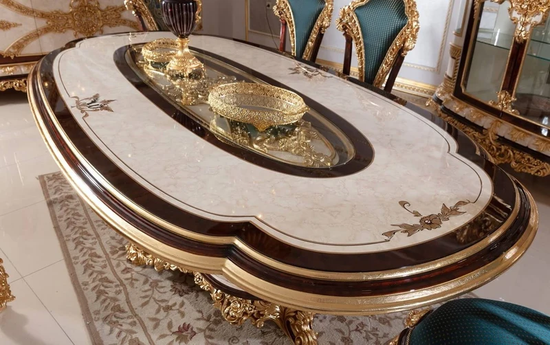 Casa Padrino Luxus Barock Esstisch Weiß / Braun / Gold - Prunkvoller Massivholz Esszimmertisch im Barockstil - Barock Esszimmer Möbel - Edel & Prunkvoll