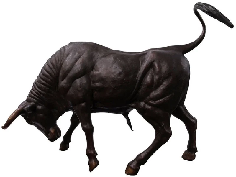 Casa Padrino Luxus Bronze Deko Skulptur Stier 230 x 58 x H. 142 cm - Riesiege Bronze Skulptur - Lebensgroße Tierfigur - XXL Bronze Stier Figur - XXL Garten Skulptur - Luxus Garten Deko