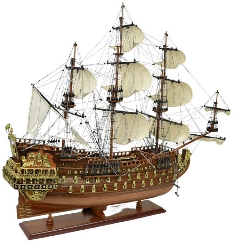 Casa Padrino Luxus Flaggschiff Soleil Royal Braun 95 x 29 x H. 90 cm - Handgefertigtes Deko Schiff - Holzschiff - Segelschiff - Kriegsschiff - Modellschiff - Wohnzimmer Deko - Deko Accessoires
