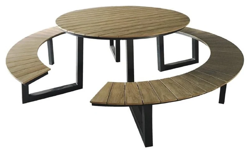 Casa Padrino Luxus Gartentisch mit integrierten Sitzbänken Braun / Anthrazit Ø 239 x H. 74 cm - Picknick Möbel - Garten Möbel - Terrassen Möbel - Gastronomie Möbel - Outdoor Möbel - Luxus Möbel
