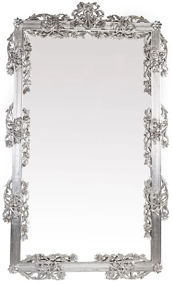 Casa Padrino Barock Spiegel Silber 112 x 6 x H. 224 cm - Prunkvoller Wandspiegel mit eleganten Verzierungen - Barock Garderoben Spiegel - Barockstil Wandspiegel - Barock Möbel - Edel & Prunkvoll