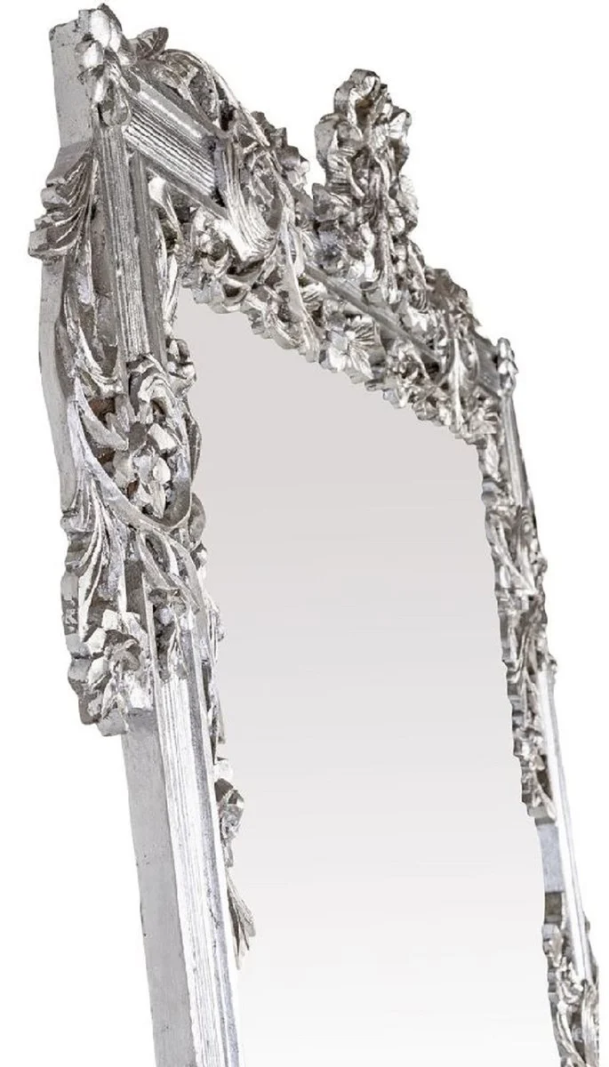 Casa Padrino Barock Spiegel Silber 112 x 6 x H. 224 cm - Prunkvoller Wandspiegel mit eleganten Verzierungen - Barock Garderoben Spiegel - Barockstil Wandspiegel - Barock Möbel - Edel & Prunkvoll