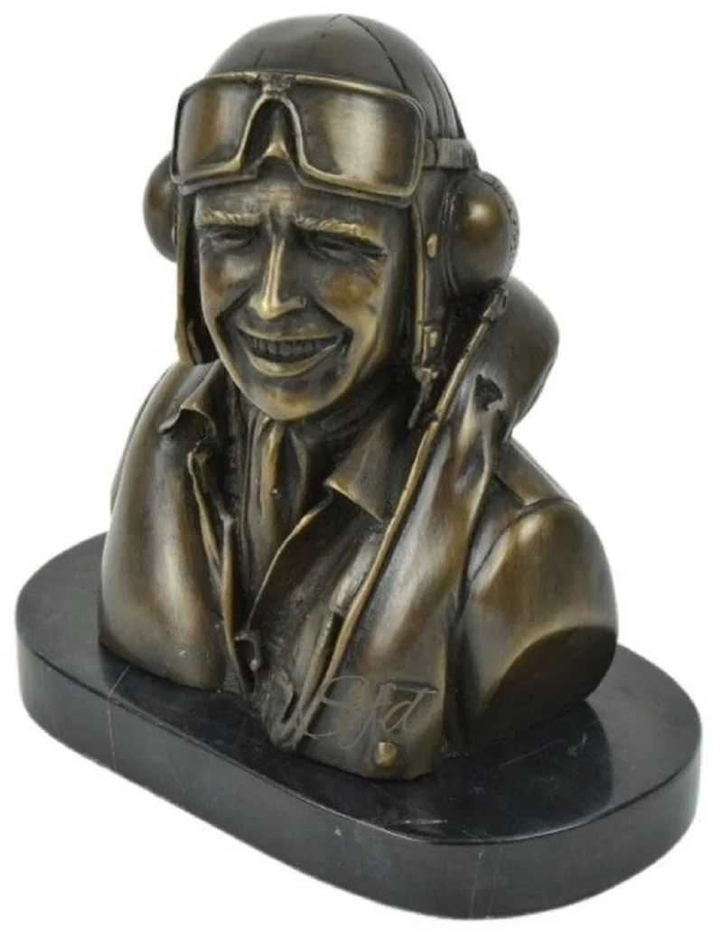 Casa Padrino Luxus Deko Bronze Büste mit Marmorsockel Pilot Bronze / Schwarz 19 x 11 x H. 19 cm - Bronze Skulptur Pilot - Bronze Figur Pilot - Dekofigur Pilot - Schreibtisch Deko Accessoires