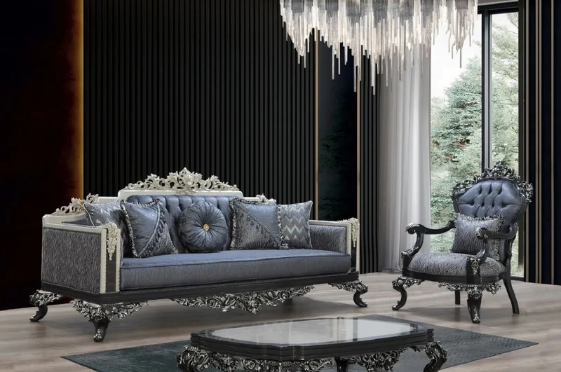 Casa Padrino Luxus Barock Sessel Blau / Grau / Schwarz / Silber - Prunkvoller Wohnzimmer Sessel mit elegantem Muster - Barock Wohnzimmer & Hotel Möbel - Edel & Prunkvoll