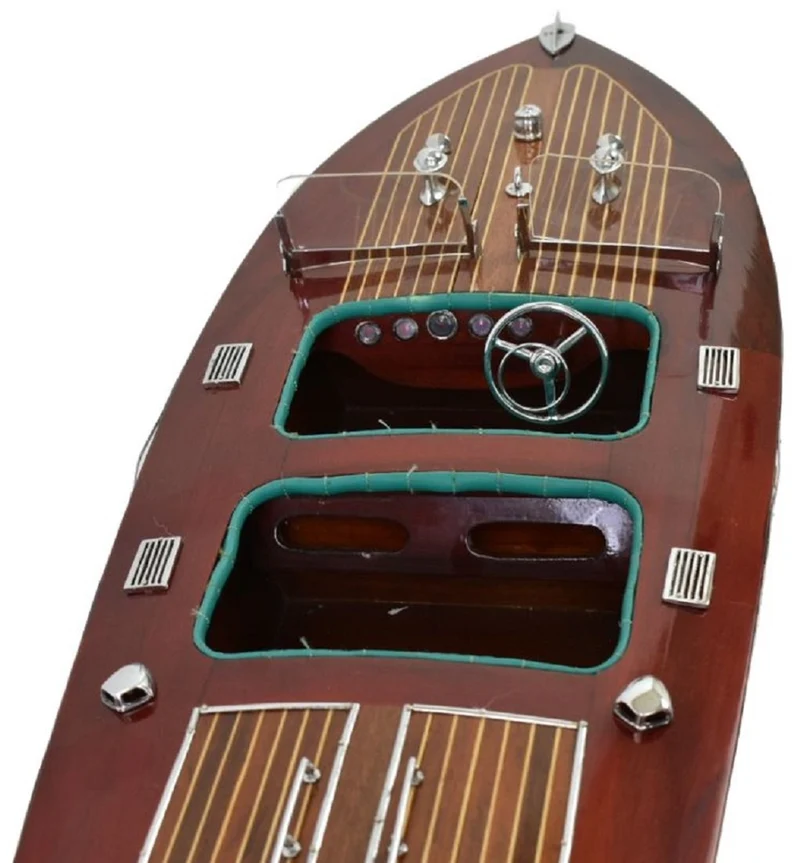 Casa Padrino Luxus Deko Speedboot Chris Craft mit Massivholz Ständer Braun / Schwarz 81 x 23 x H. 23 cm - Handgefertigtes Deko Boot - Holzboot - Modellboot - Rennboot - Wohnzimmer Deko Accessoires