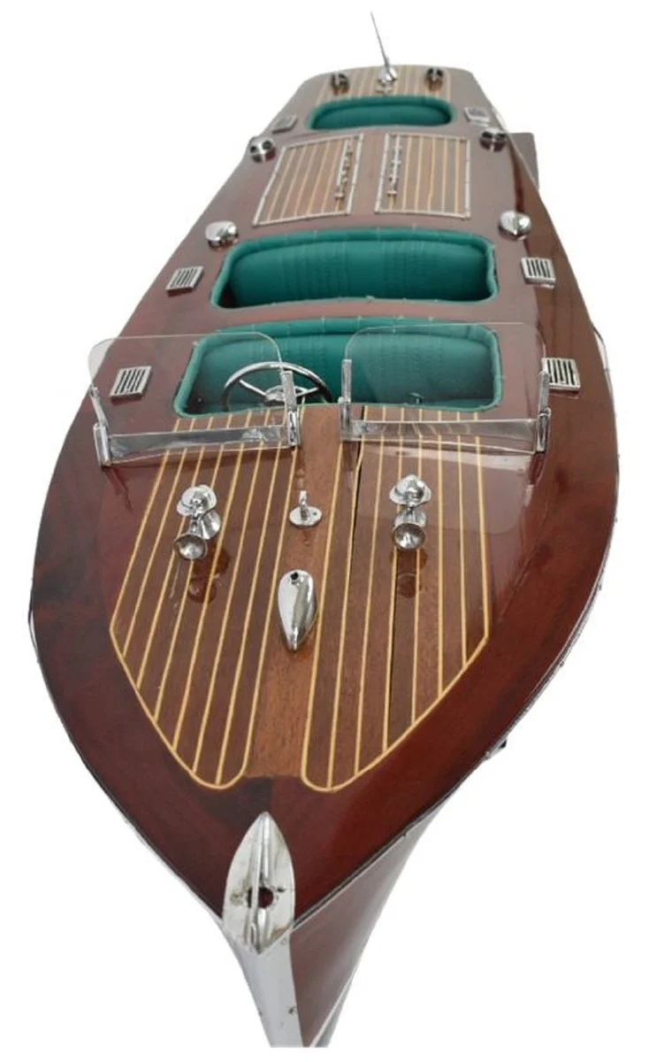 Casa Padrino Luxus Deko Speedboot Chris Craft mit Massivholz Ständer Braun / Schwarz 81 x 23 x H. 23 cm - Handgefertigtes Deko Boot - Holzboot - Modellboot - Rennboot - Wohnzimmer Deko Accessoires