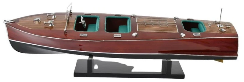 Casa Padrino Luxus Deko Speedboot Chris Craft mit Massivholz Ständer Braun / Schwarz 81 x 23 x H. 23 cm - Handgefertigtes Deko Boot - Holzboot - Modellboot - Rennboot - Wohnzimmer Deko Accessoires