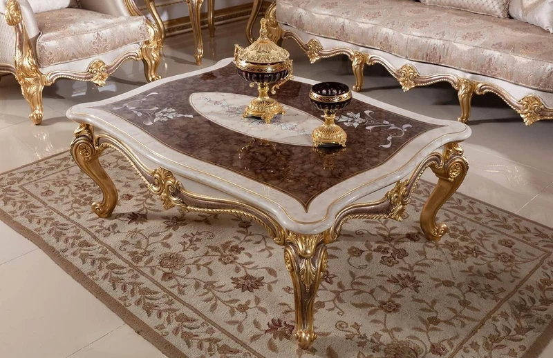 Casa Padrino Luxus Barock Couchtisch Weiß / Braun / Gold - Prunkvoller Wohnzimmertisch im Barockstil - Luxus Wohnzimmer Möbel im Barockstil - Barock Möbel - Barock Wohnzimmer Einrichtung