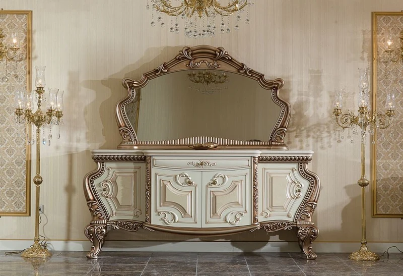 Casa Padrino Luxus Barock Möbel Set Weiß / Beige / Kupferfarben - 1 Barock Sideboard & 1 Barock Wandspiegel - Handgefertigte Barock Möbel - Edel & Prunkvoll