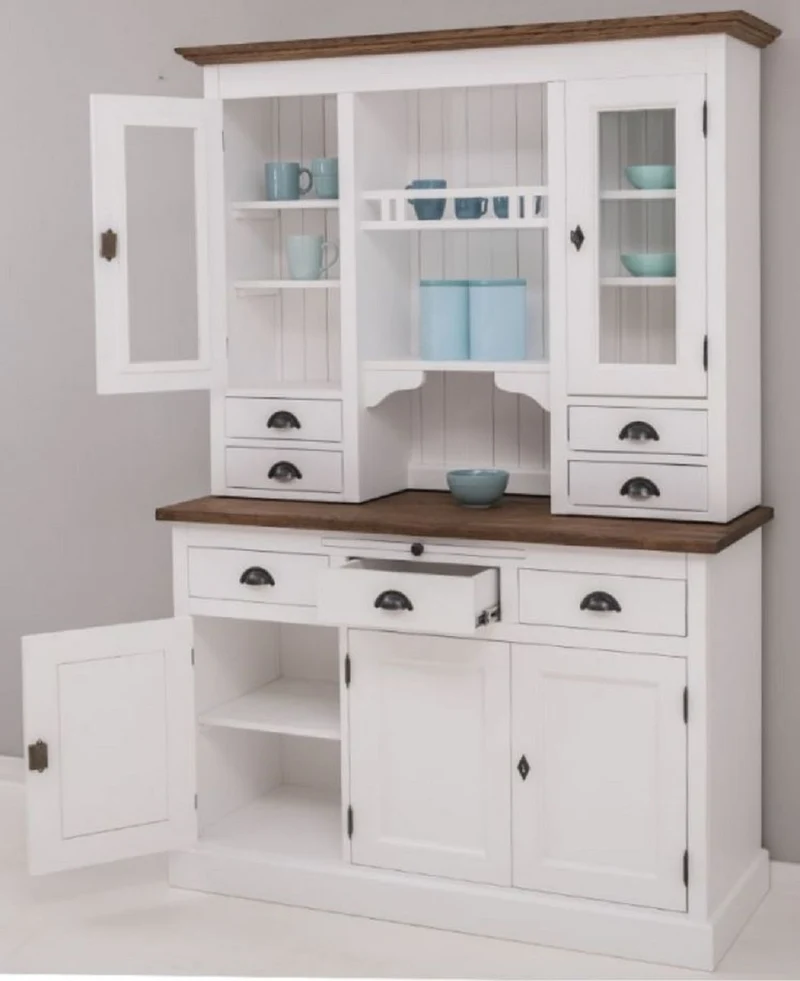 Casa Padrino Landhausstil Küchenschrank Weiß / Braun 138 x 50 x H. 197 cm - 2 Teiliger Küchenschrank mit 5 Türen und 7 Schubladen - Landhausstil Küchenmöbel