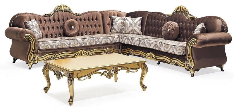 Casa Padrino Luxus Barock Ecksofa Braun / Mehrfarbig / Gold - Prunkvolles Wohnzimmer Sofa mit Glitzersteinen und elegantem Muster - Barock Wohnzimmer Möbel - Edel & Prunkvoll