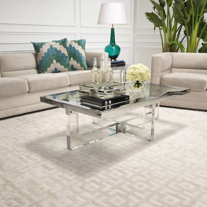 Casa Padrino Luxus Viskose Teppich Elfenbeinfarben 300 x 400 cm - Handgewebter Wohnzimmer & Hotel Teppich - Wohnzimmer Deko Accessoires - Luxus Qualität