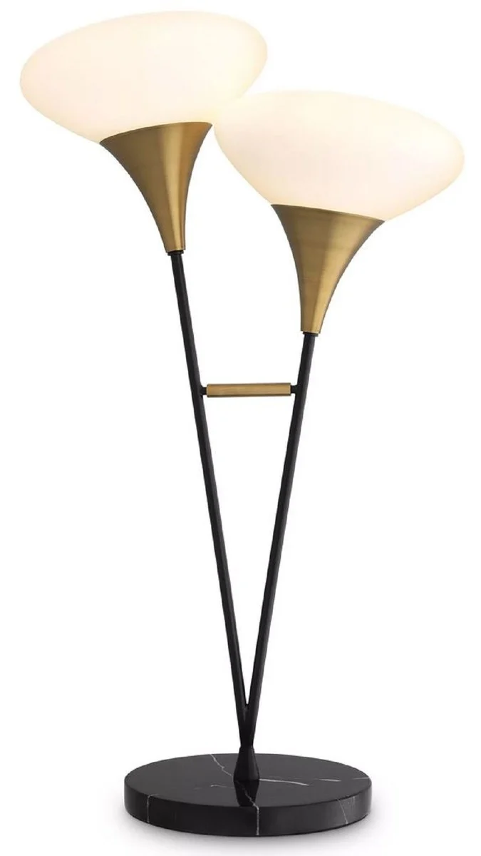 Casa Padrino Luxus Doppel Tischleuchte Antik Messingfarben / Schwarz / Weiß 50 x 28 x H. 87 cm - Schreibtschleuchte mit Marmorfuß - Luxus Kollektion