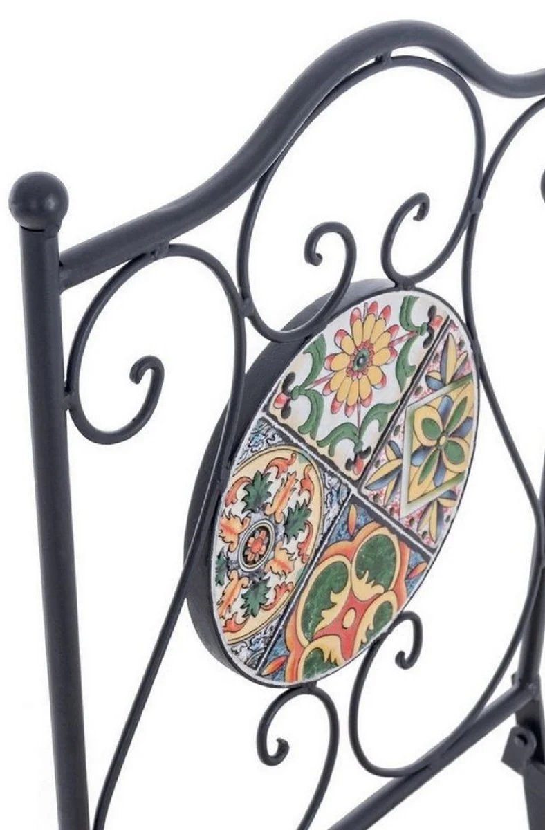 Casa Padrino Jugendstil Gartenstuhl 6er Set Schwarz / Mehrfarbig 39 x 47 x H. 92 cm - Klappbare Stühle mit Keramik Platten - Nostalgische Garten & Gastronomie Möbel