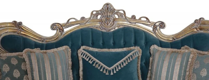 Casa Padrino Luxus Barock Sofa Blau / Gold - Handgefertigtes Barockstil Wohnzimmer Sofa mit elegantem Muster - Barock Wohnzimmer Möbel