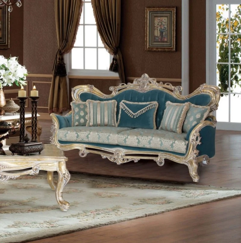 Casa Padrino Luxus Barock Sofa Blau / Gold - Handgefertigtes Barockstil Wohnzimmer Sofa mit elegantem Muster - Barock Wohnzimmer Möbel