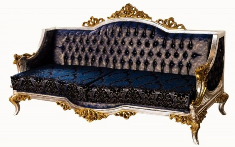 Casa Padrino Luxus Barock Sofa Royalblau / Schwarz / Silber / Gold - Prunkvolles Wohnzimmer Sofa mit elegantem Muster - Barock Wohnzimmer Möbel