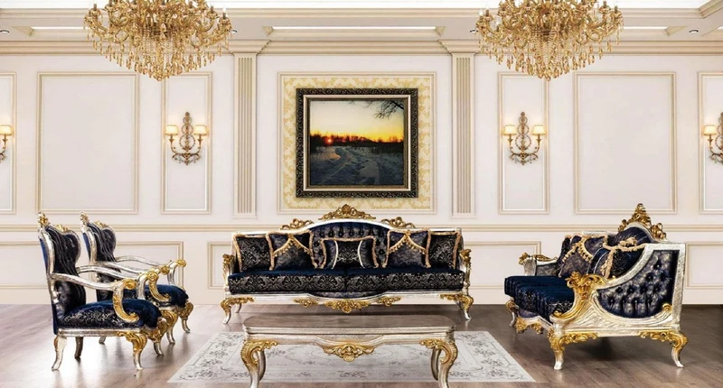 Casa Padrino Luxus Barock Sofa Royalblau / Schwarz / Silber / Gold - Prunkvolles Wohnzimmer Sofa mit elegantem Muster - Barock Wohnzimmer Möbel