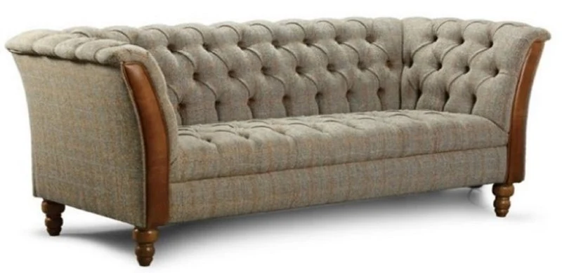 Casa Padrino Luxus Chesterfield 3er Sofa Grau / Braun 213 x 87 x H. 77 cm - Wohnzimmer Sofa mit Echtleder - Chesterfield Wohnzimmer Möbel