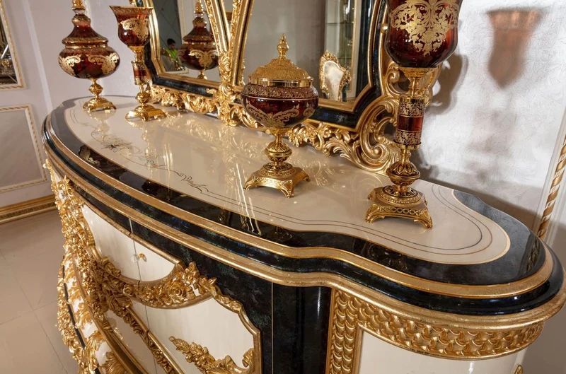 Casa Padrino Luxus Barock Möbel Set Weiß / Blau / Gold - 1 Barock Sideboard & 1 Barock Wandspiegel - Barock Möbel - Edel & Prunkvoll