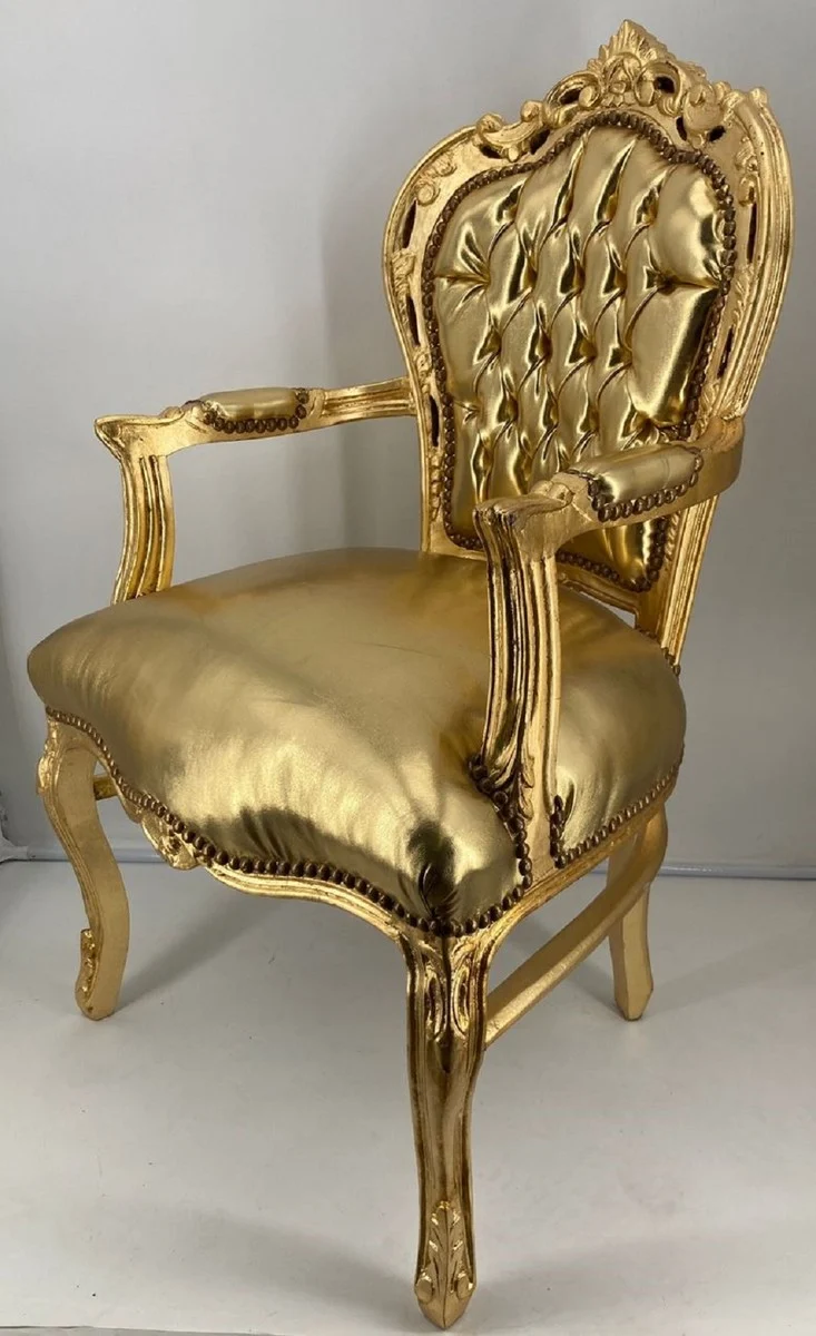 Casa Padrino Barock Esszimmerstuhl mit Armlehnen Gold / Gold - Handgefertigter Kunstleder Stuhl im Barockstil - Barock Esszimmer Möbel