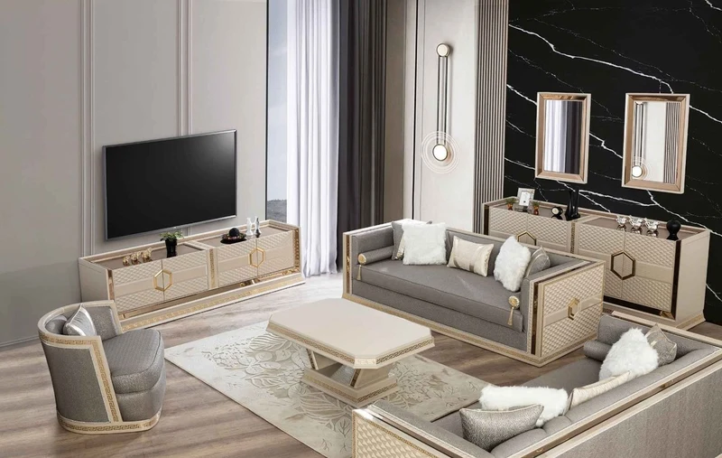 Casa Padrino Luxus Art Deco Couchtisch Cremefarben / Gold - Handgefertigter Massivholz Wohnzimmertisch - Art Deco Wohnzimmer Möbel