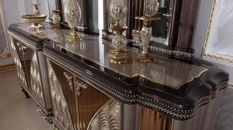 Casa Padrino Luxus Barock Möbel Set Grau / Schwarz / Silber / Gold - 1 Barock Sideboard mit 4 Türen & 2 Barock Wandspiegel - Handgefertigte Barock Möbel - Edel & Prunkvoll