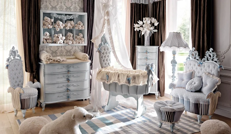 Casa Padrino Luxus Barock Kindersofa Grau / Mehrfarbig / Hellblau - Prunkvolles Barock Kinderzimmer Sofa - Barock Kinderzimmer Möbel - Erstklassische Qualität - Made in Italy