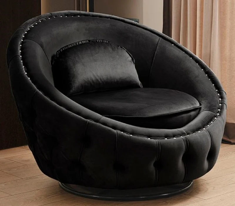 Casa Padrino Luxus Chesterfield Drehsessel Schwarz Ø 90 cm - Moderner Chesterfield Wohnzimmer Sessel - Luxus Chesterfield Wohnzimmer Möbel