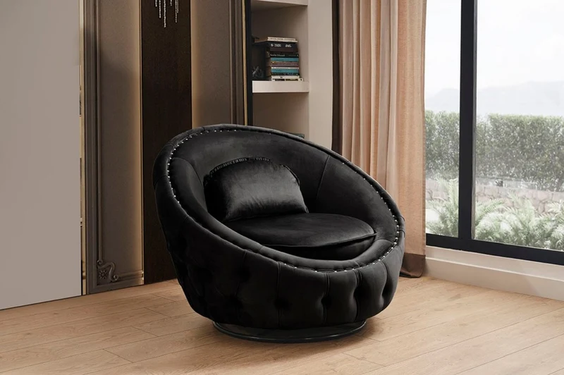 Casa Padrino Luxus Chesterfield Drehsessel Schwarz Ø 90 cm - Moderner Chesterfield Wohnzimmer Sessel - Luxus Chesterfield Wohnzimmer Möbel