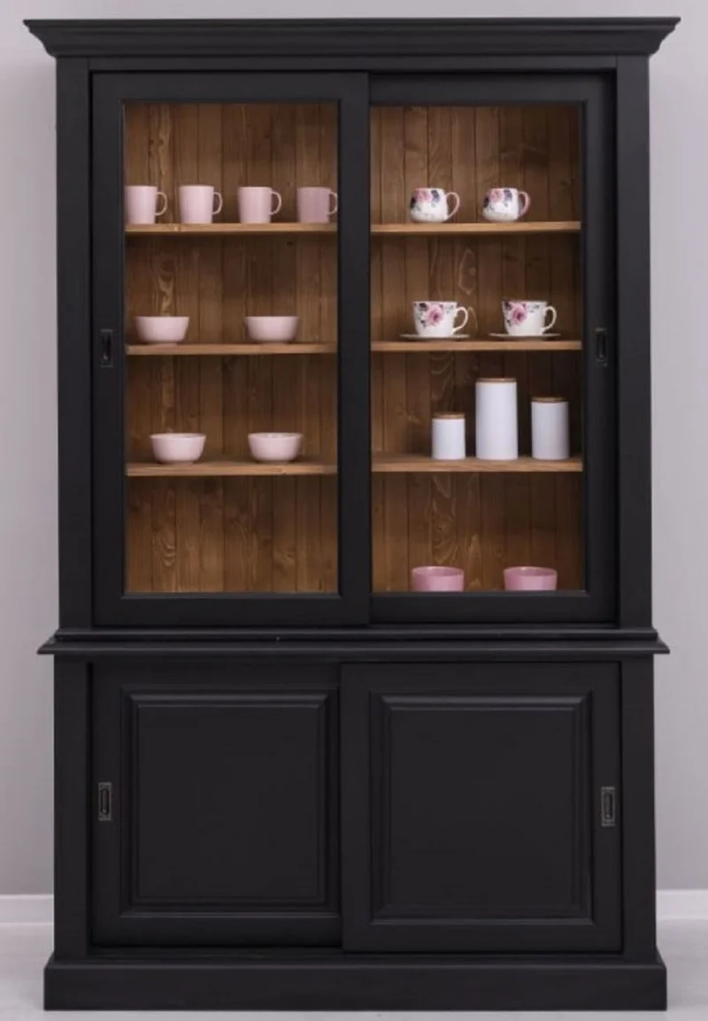 Casa Padrino Landhausstil Esszimmerschrank Schwarz / Braun 141 x 48 x H. 212 cm - Massivholz Schrank mit 4 Schiebetüren - Landhausstil Massivholz Esszimmer Möbel
