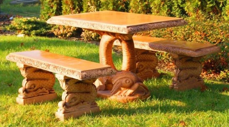 Casa Padrino Stein Gartenmöbel Set Fisch Beige - 1 Orientalischer Gartentisch & 2 Orientalische Gartenbänke - Orientalische Garten & Terrassen Möbel