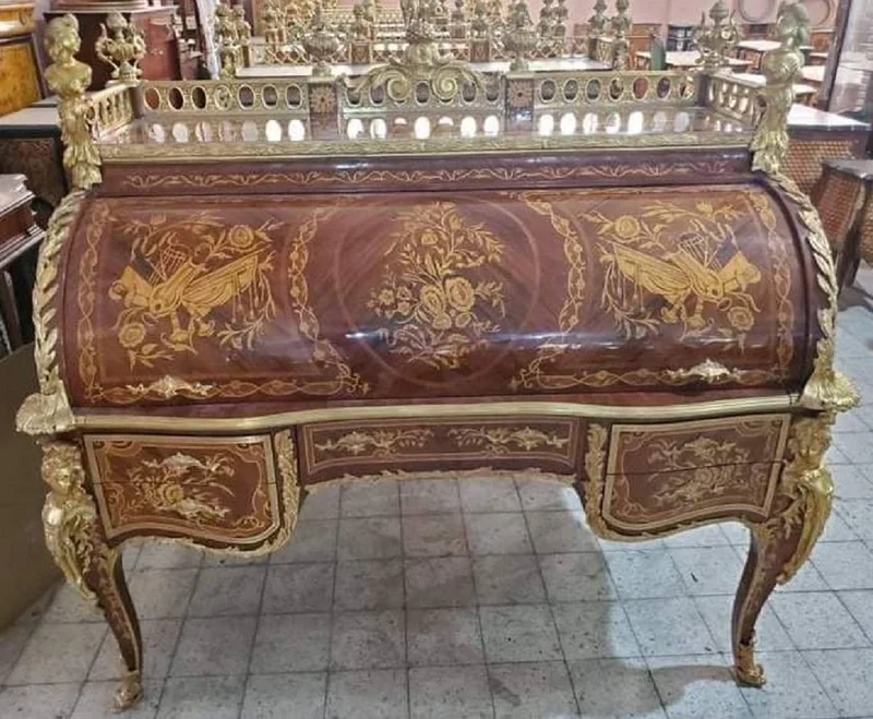Casa Padrino Luxus Barock Sekretär Braun Intarsien / Gold - Handgefertigter Barock Schreibtisch - Barock Büromöbel - Edel & Prunkvoll