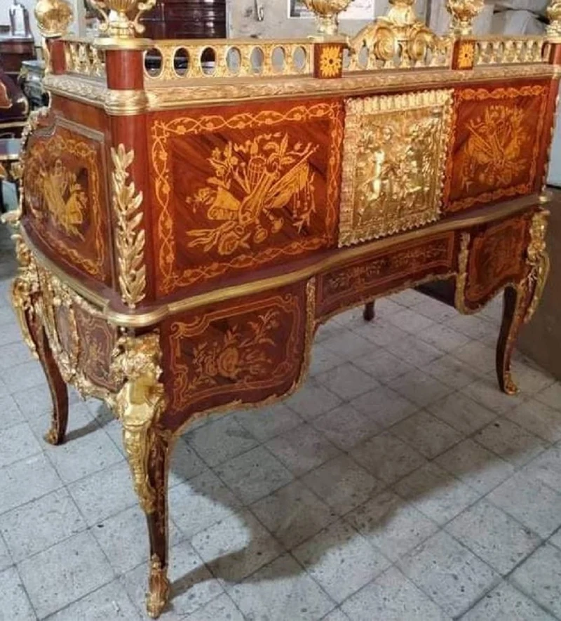 Casa Padrino Luxus Barock Sekretär Braun Intarsien / Gold - Handgefertigter Barock Schreibtisch - Barock Büromöbel - Edel & Prunkvoll