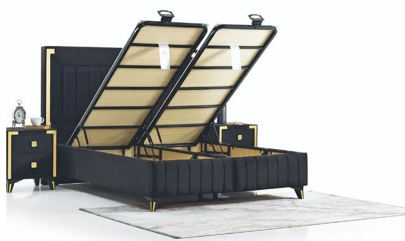 Casa Padrino Luxus Doppelbett Schwarz / Gelbgold - Modernes Massivholz Bett - Moderne Schlafzimmer & Hotel Möbel - Luxus Kollektion