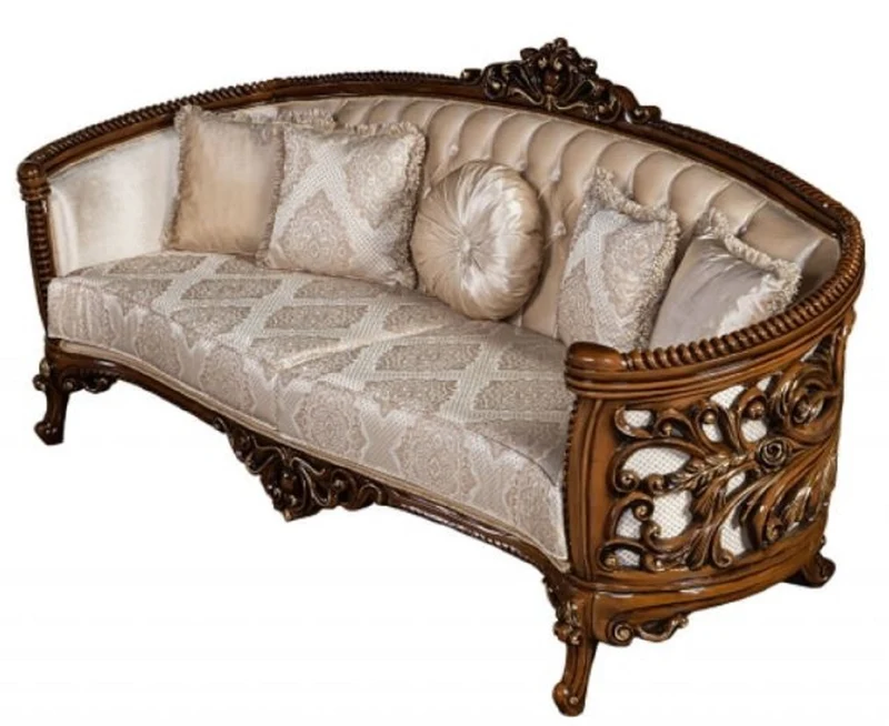 Casa Padrino Luxus Barock Sofa Beige / Braun / Gold - Prunkvolles Wohnzimmer Sofa mit elegantem Muster - Barock Wohnzimmer Möbel