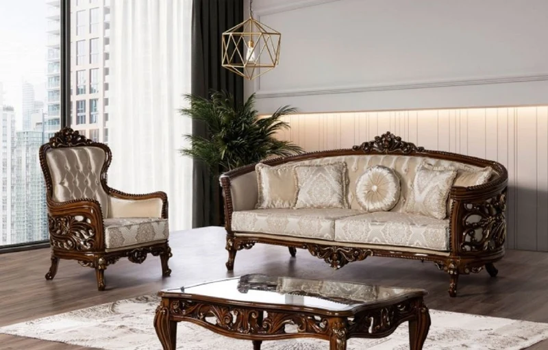 Casa Padrino Luxus Barock Sofa Beige / Braun / Gold - Prunkvolles Wohnzimmer Sofa mit elegantem Muster - Barock Wohnzimmer Möbel