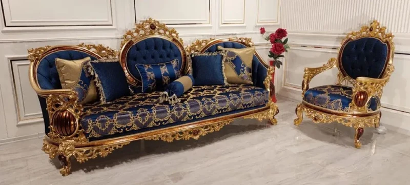 Casa Padrino Luxus Barock Sessel Blau / Gold / Braun - Prunkvoller Wohnzimmer Sessel mit elegantem Muster - Barock Wohnzimmer Möbel