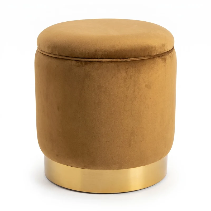 Casa Padrino Luxus Sitzhocker Ocker / Gold Ø 41 x H. 43 cm - Runder Samt Hocker mit Deckel und Stauraum - Wohnzimmer Möbel