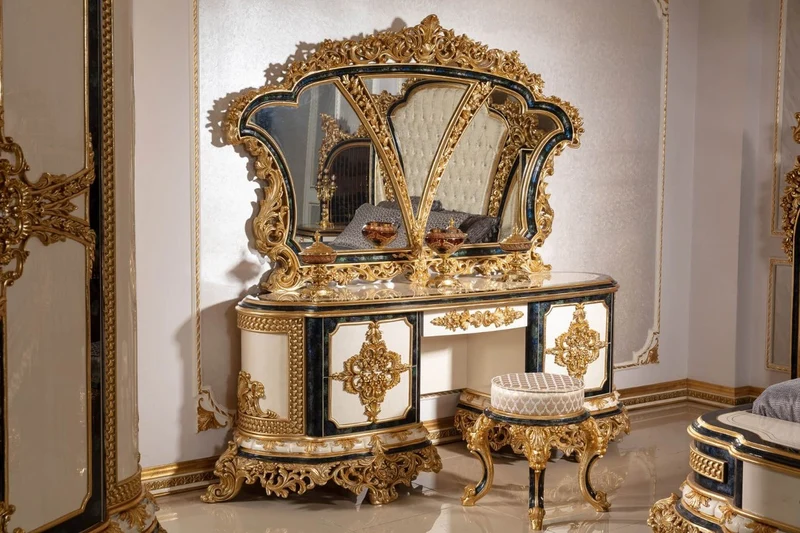 Casa Padrino Luxus Barock Schlafzimmer Set Weiß / Blau / Gold - 1 Barock Schminkkommode mit 5 Schubladen & 1 Barock Spiegel & 1 Barock Hocker - Barock Schlafzimmer Möbel - Edel & Prunkvoll