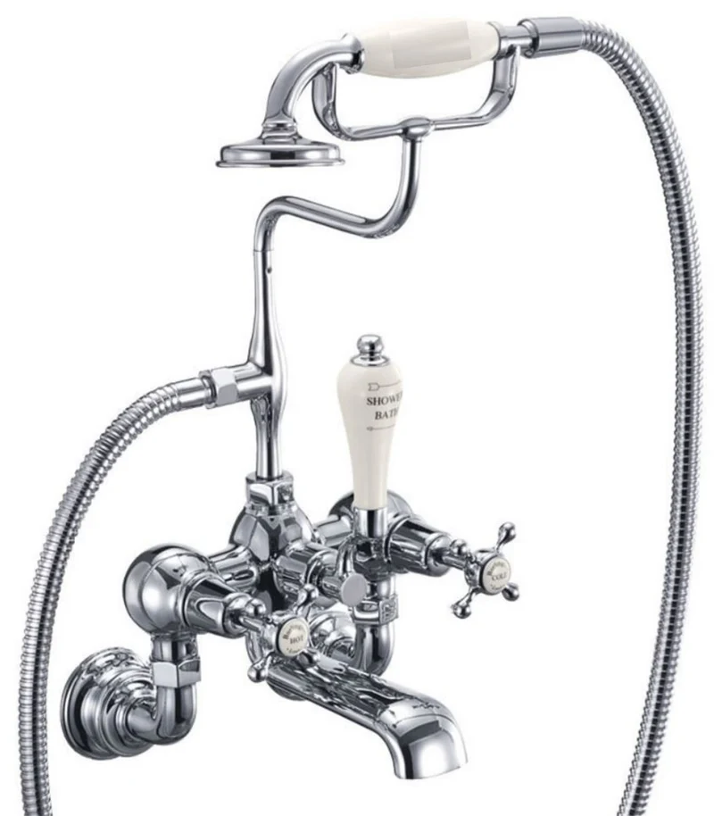 Casa Padrino Luxus Jugendstil Aufputz Badewannenarmatur Silber / Cremefarben H. 46,95 cm - Nostalgische Messing Badewannen Armatur mit Handbrause - Nostalgisches Badezimmer Zubehör