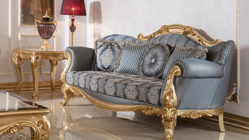 Casa Padrino Luxus Barock Sofa Blau / Gold - Handgefertigtes Barockstil Wohnzimmer Sofa mit elegantem Muster - Barock Wohnzimmer Möbel - Edel & Prunkvoll