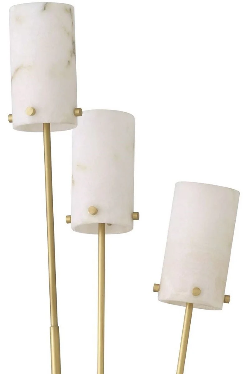 Casa Padrino Luxus Stehleuchte Antik Messing / Schwarz / Alabaster Ø 28 x H. 167 cm - Moderne Stehlampe mit Marmor Lampenfuß und runden Alabaster Lampenschirmen - Luxus Leuchten