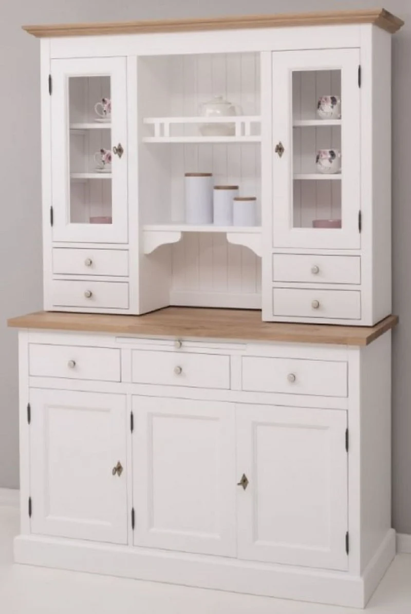 Casa Padrino Landhausstil Küchenschrank Weiß / Naturfarben 138 x 50 x H. 197 cm - 2 Teiliger Küchenschrank mit 5 Türen und 7 Schubladen - Landhausstil Küchenmöbel